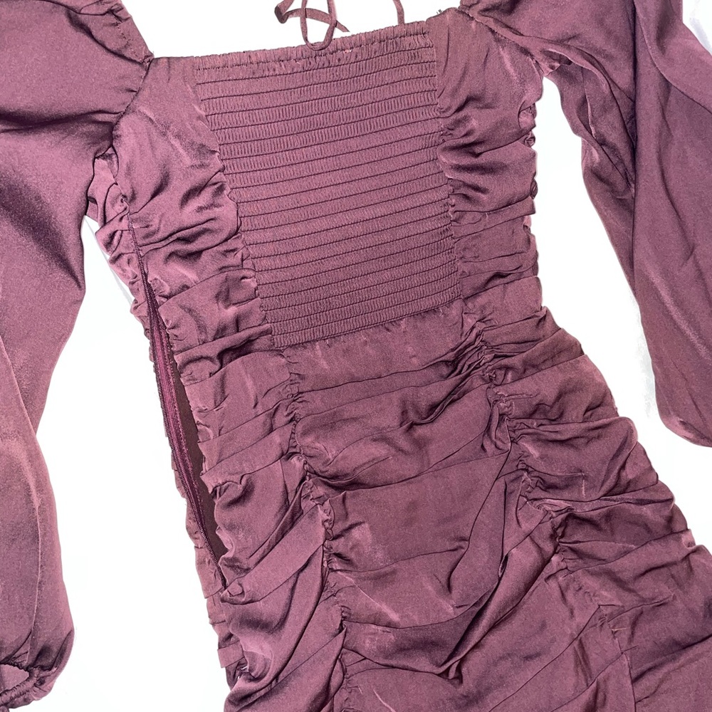 Lace Trimmed Ruched Mini Dress - Eggplant - Picture 12 of 12